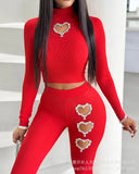 Piece Sets Wome Sexy Solid Pant Set Turtleneck Full Sleeve Slim Fit Tops Hollow Out High Waist Long Pants Sheath 2024-Outfit