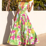 Summer Women's Insv Collar Print High-Waisted Big Swing Dress Sexy