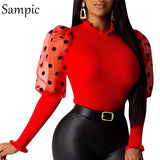 Casual Party Patchwork Ruched Mesh Polka Dot Puff Long Sleeve Christmas Sweater Women O Neck Cute Knitted Sweater