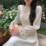 Sweet Fairy Dress Women Lace Printing Midi Dresses Casual Designer Chic Square Collar French Fashion Dresses Spring