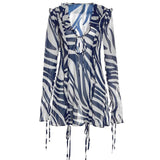 Women Summer Short Tie Up Dress Long Sleeve V Neck Zebra Print Ruffled Hollow Out Cover-up Short Mini Sundress-Outfit