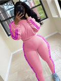 Ribbed Knitted White Pink 2 Two Piece Set Women Outfits Bodycon Long Sleeve Crop Top Leggings Women Tracksuit Matching