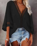 Solid Color Flare Sleeve Top For Women's New Blouse V-neck Hollowed Out Lace Patchwork Shirt Blusa Feminina