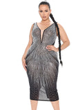 Plus Size Black Deep V Neck Sleeveless Rhinestone Midi