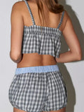 Women Pajamas Sets 2 Pieces Loungewear Suits Plaid Print Camis Cropped Tank Tops Drawstring Shorts Sleepwear Outfits-Outfit