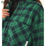 Women Fake Two Piece Shirts 2022 Winter Long Sleeve Loose Blouse Blue Green Check Vintage Chic Casual Streetwear