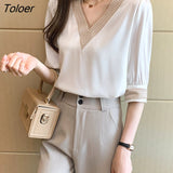 Embroidery V-Neck Chiffon Blouse Shirt Women Long Sleeve Loose White Women Blouses Tops Blusas Mujer De Moda 2023