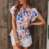 Chiffon Stand Collar Printed Short Sleeve