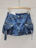 Women's Denim Skirt Solid Color Washed 3d Pockets Design A-line High Waist Cargo Mini Skirt 2024 Summer New Fashion 29L6995-Outfit