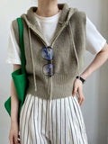 Women's Drawstring Hooded Zipper Up Front Knit Vest Casual Sleeveless Open Front