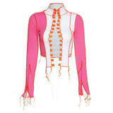 Ribbed Patchwork Hot Sexy Hollow Out T-Shirts For Women Turtleneck Long Sleeve Bodycon Clubwear Crop Tops