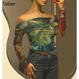 Printed Mesh Sheer Crop Top Womens Summer Off The Shoulder Long Sleeve T Shirts Sexy See Through Streetwear Y2K Tops