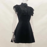 Temperament Lotus Leaf Edge Waist Polo Collar Dress Dark Fashion Leisure Commuter Black Skirt Children-Outfit