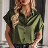 Satin Silk Shirts Loose Fashion Women Short Sleeve Tops Mujer Buttons Office Lady Blouses Women's Clothing Elegant