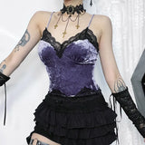 Dark Velvet Lace Sling 2023 Fall New Sexy Spicy Girl Spliced Blouse Girl-Outfit