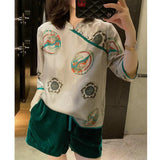 A New Retro National Style Imitation Silk Printing Pearl Button Slanted Chinese-Style Trimmed Blouse In Summer-Outfit