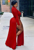 Plus Size Sexy High-Neck Long Sleeve Wasit Tie Slit Long