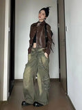women retro washed work jeans American street fashion brand Y2k straight loose wide leg jeans-Outfit