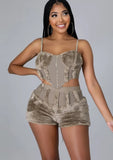 Sexy Zipper Straps Crop Top And High Waist Matching Shorts Two Piece