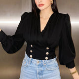 Red Crop Tops Women's V-neck Sexy Long Sleeved Short Waistband Bubble Sleeved Solid Color Pleated Shirt Femme Blusas