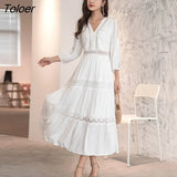 Lace Elegant Women's Dress Spring Hollow Button V Neck Lantern Sleeve White Long Dresses Boho Casual Holiday
