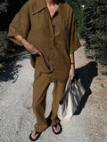 Loose Women Trouser Suits Short Sleeve Shirt With High Wasit Pants 2 Piece Sets Spring Pleated Elegant Brown Lady