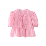Women's Elegant Kawaii Summer Peplum Blouse Tops Short Puff Sleeve Round Neck Bow Tie-Up Front Babydoll Flare Shirts-Outfit
