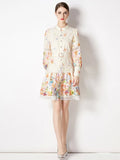 Embroidery Hollow Out Stitching Lace Trims Dress Women Stand Collar Lantern Sleeve Floral Print Belted Mini