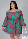 Plus Size Print Off Shoulder Short Dress with