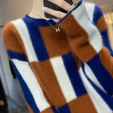 Autumn Winter Casual Geometric Patchwork Sweaters Women's Clothing Fashion Contrasting Colors Round Neck Knitted Jumpers-Outfit