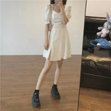 Women Square Collar Holiday Lady Sundress Side-slit Design Pure Summer Sexy Fashion Vintage French Style Simple High
