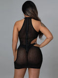 Sexy Black Rhinestone Round Neck Cut Out Sleeveless Bodycon