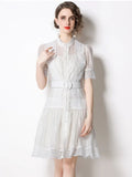 Patchwork Ruffles Sashes Slim 2 Piece Dress Set Female Stand Collar Short Sleeve High Waist Black White Mini Dress