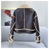 2022 Fur Locomotive Vintage Riding Winter Women's Jacket Long Sleeved Lapel Padded Warm Black Zip Chic Female Coat