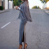 Autumn Gray Knitting Long Tassel Cape Pullover Sweater Women High Collar Loose Fringed Shawl Knitwear Oversized Jumper-Outfit