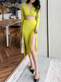 Solid Two Piece Set Womens V Neck Long Sleeve Tops High Waist Midi Skirts Solid Slim Sets Female Clothes Spring