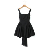 Sexy Slash Collar Tie Bow Sashes Backless Dress Woman Slim Waist Stitching Ruched Swing Ball Gown Mini Tank Robe Black-Outfit