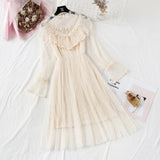 Brand New Women Romantic Tulle Dress Stand Collar Beading Tassels Ruffles Long Sleeve Mesh Dress Cute Mid Dress