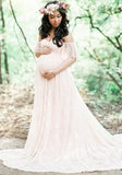 Elegant Lace Off Shoulder Mesh Maternity Long Dress 703-0-Outfit
