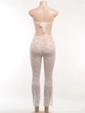 Women Summer Lace See Through Jumpsuit Sleeveless Halter Hollow Out Backless Club Bodysuits Long Flared Pants Rompers-Outfit