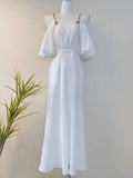 Solid Wide Leg Pants For Women Square Collar Short Sleeve Off Shoulder Patchwork Chain Solid Jumpsuit Female