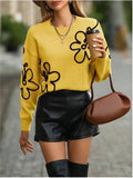 Women's Spring And Autumn Solid-Colored Flowers Knitted Sweater Fashion Collar Long-Sleeved