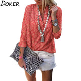 Print Plus Size Womens Tops And Blouses V-neck Long Sleeve Office Woman Blouses Shirts Women Streetwear Blouse