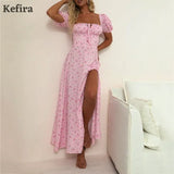 2022 Off Shoulder Print Floral Sexy Dress Women Vintage Elegant High Split Sundress Ruched Drawstring Casual Maxi