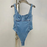 Denim Playsuits For Women Square Collar Sleeveless High Waist Patchwork Solid Minimalist Playsuit Female Summer