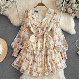 Court Style Lantern Sleeve V Collar Waist Shows Thin Medium And Long A Word Lotus Leaf Edge Printed Chiffon Dress-Outfit