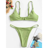 Summer Sexy Split Swimwear Suit Women Solid Color Metal Ring Decoration Brazilian Beach Vacation Swimwear Bikinis Set-Outfit