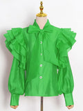 Solid Casual Shirt For Women Bow Collar Butterfly Sleeve Patchwork Buttons Loose Shirts Female 2022 Autumn