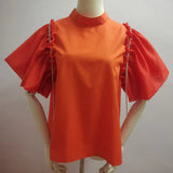Casual Solid Shirt For Women Stand Collar Loose Short Sleeve Pacthwork Diamonds Tassel Blouses Female Fashion
