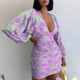 ArtsuWomen Sexy Deep V Neck Floral Print Dresses Long Lantern Sleeve Ruched Dress Elegant Female Bodycon Party Dress